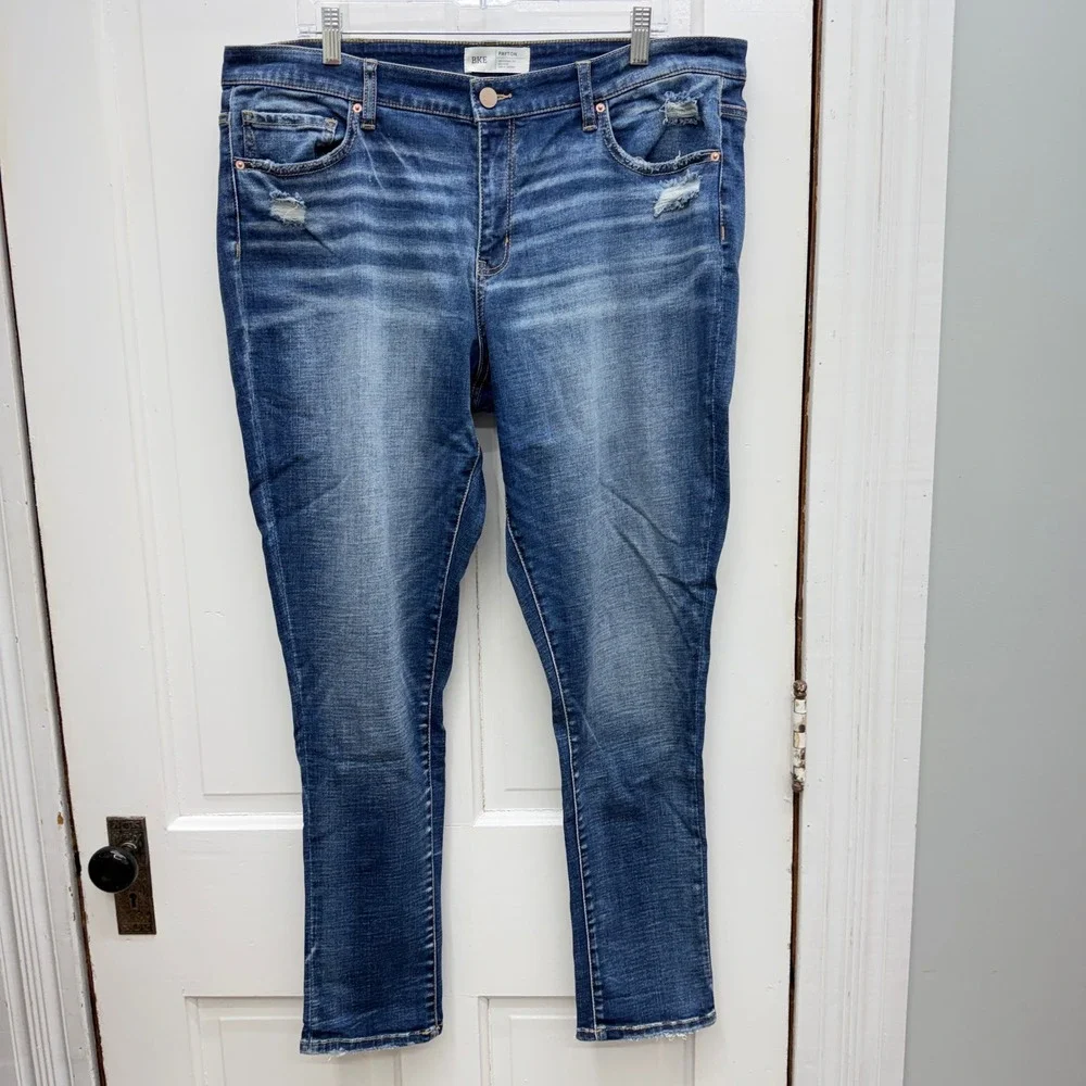 BKE Payton universal fit mid rise ankle skinny denim jeans distressed women's 36